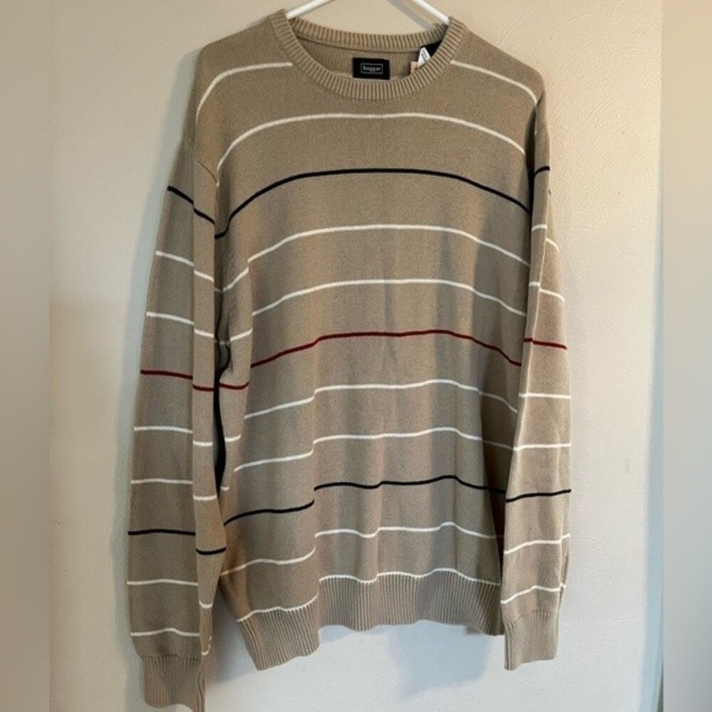 Haggar sweater mens L crewneck tan brown striped knit comfort cotton soft preppy
